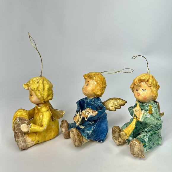 VTG Paper Mache Christmas Angel Ornament Playing Instrument Holiday Lot Of 3 - Picture 3 of 7